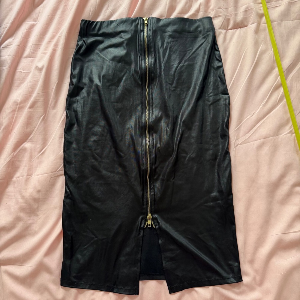 Black Faux Leather Front Zip Pencil Skirt Midi Bodycon High Waist Size 6